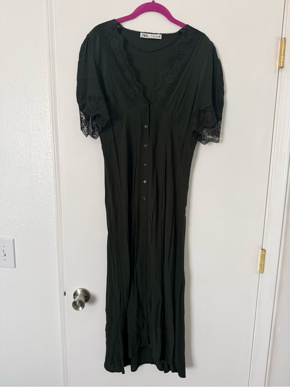 Zara Green Lace-Trim Button Front Maxi Dress